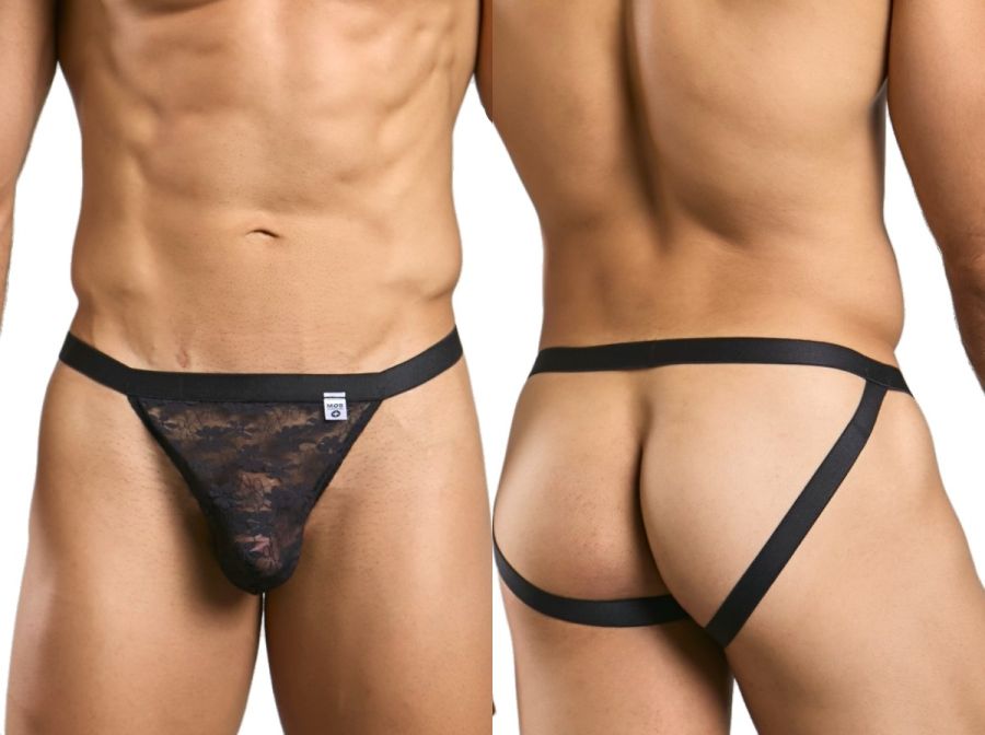 Malebasics mbl82 sexy jockstrap in black lace with solid black waistband and side straps front view