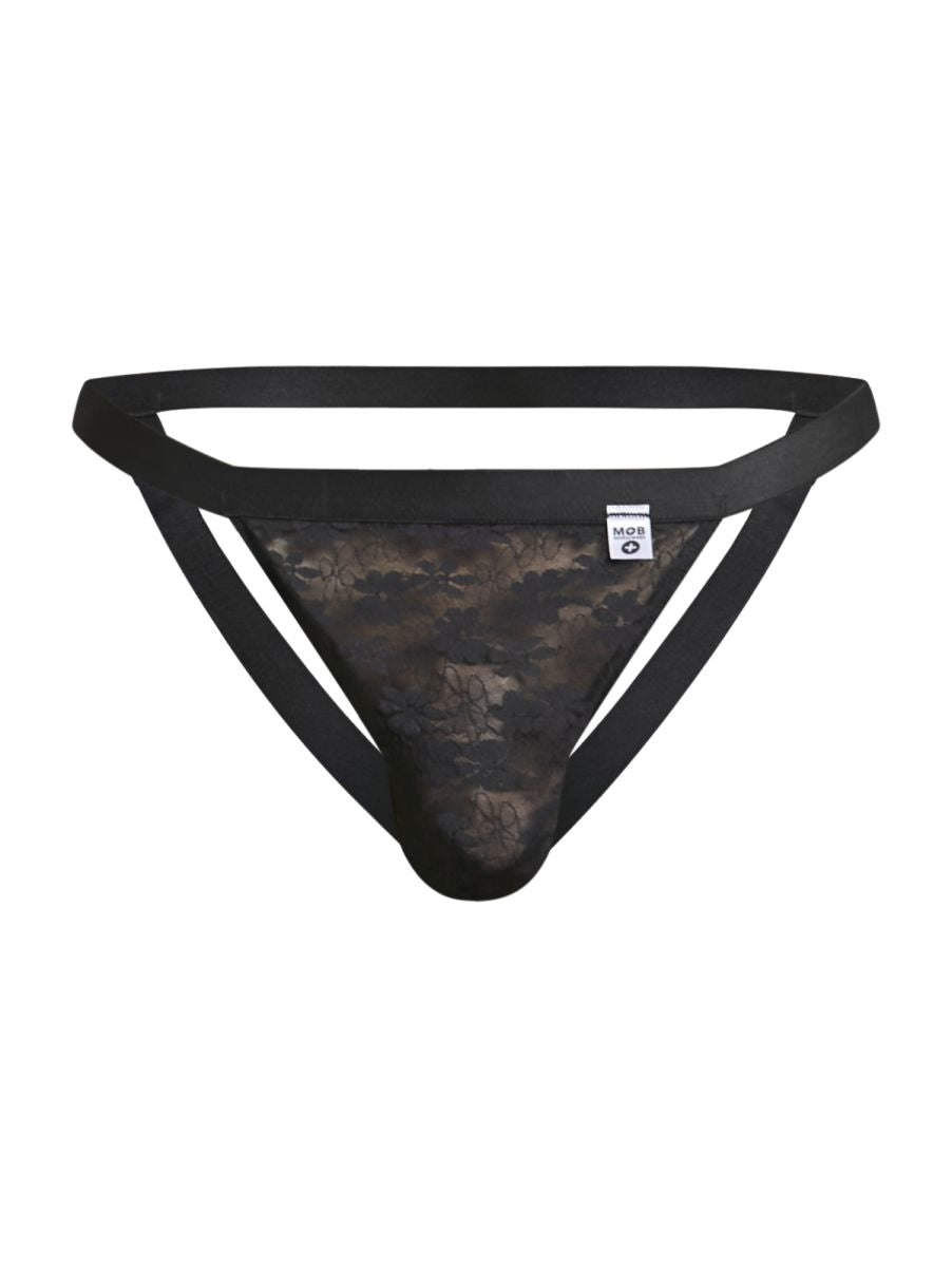 Malebasics mbl82 sexy jockstrap in black lace with solid black elastic waistband and side straps front view