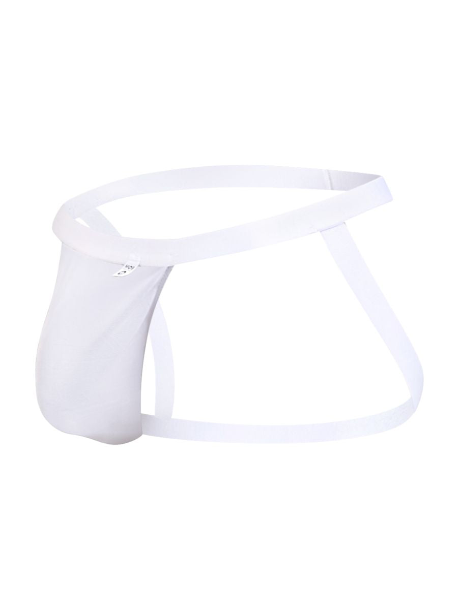 White sleek form-fitting men’s briefs with smooth glossy finish from malebasics mbl82 sexy jockstrap white mesh