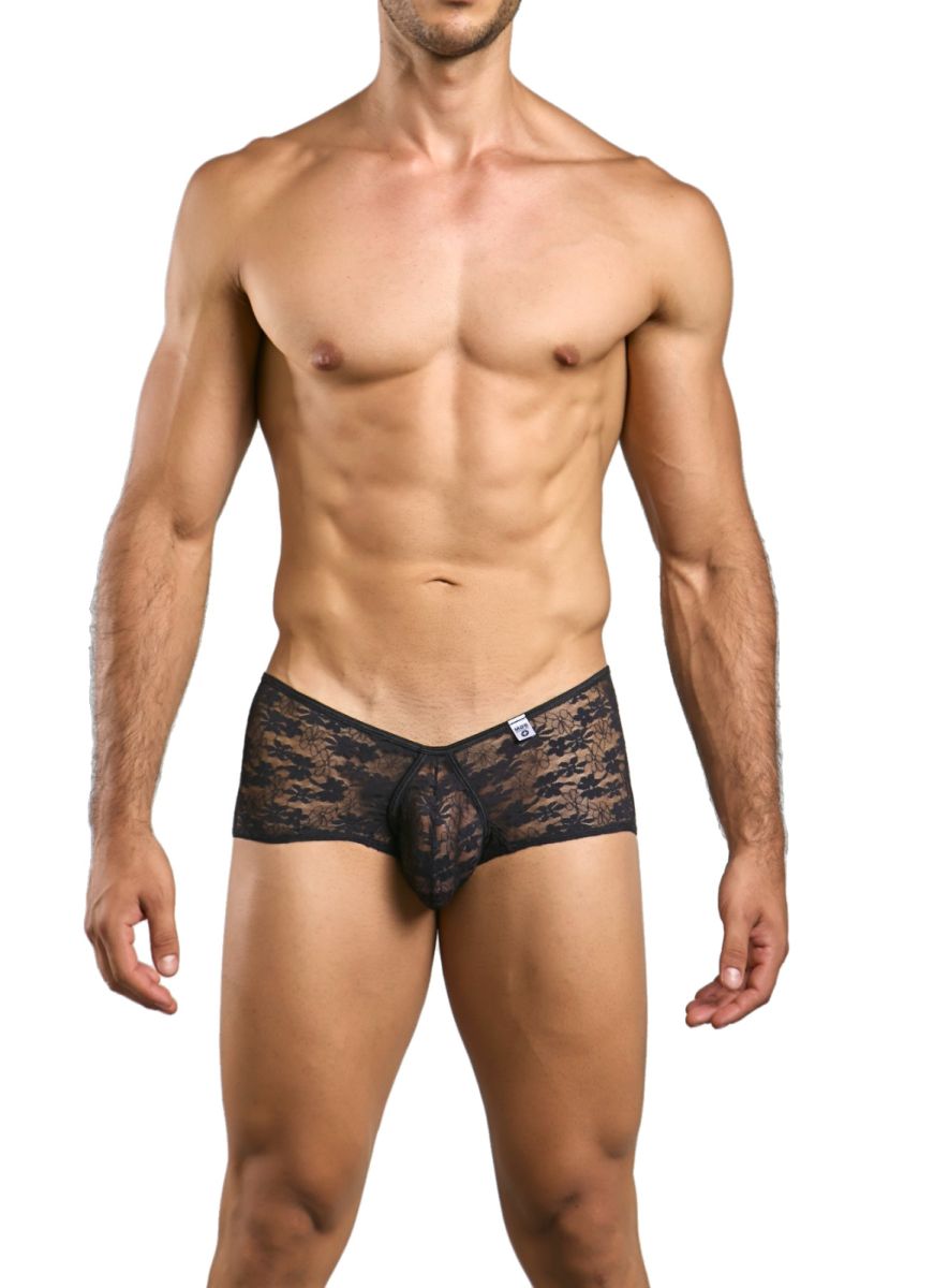 Malebasics mbl83 loop cheeky trunks in black lace featuring an intricate floral pattern showing the back side