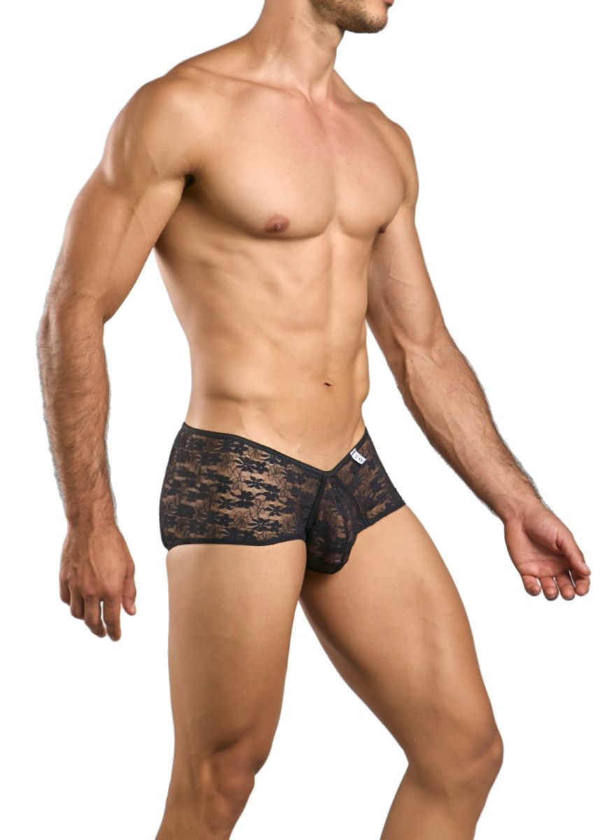 Black lace men’s briefs with a sheer patterned design from MaleBasics MBL83 Loop Cheeky Trunks collection