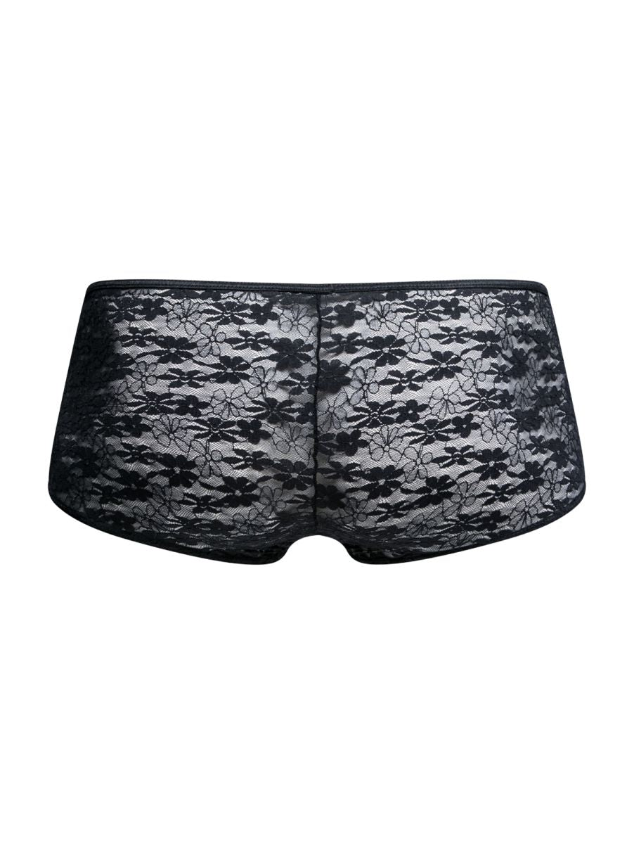 Malebasics mbl83 loop cheeky trunks in black floral lace featuring a sheer elegant design visible from the back side