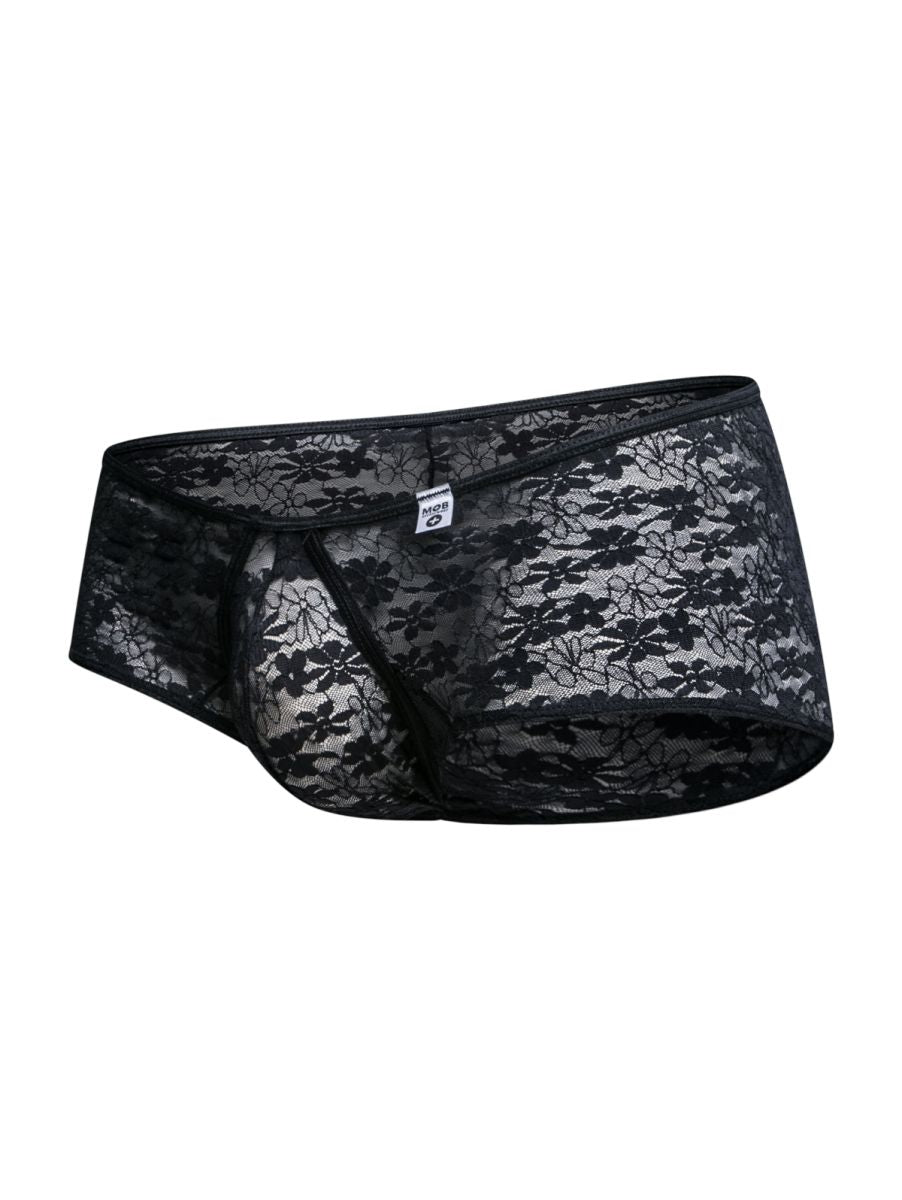 Malebasics mbl83 loop cheeky trunks in black lace feature a floral pattern and elastic waistband for men