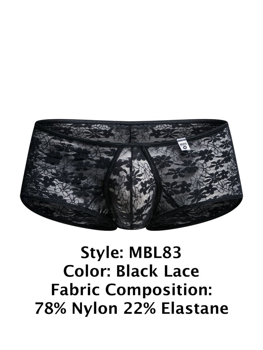 Malebasics mbl83 loop cheeky trunks black lace mens underwear with floral pattern made from 78 nylon 22 elastane