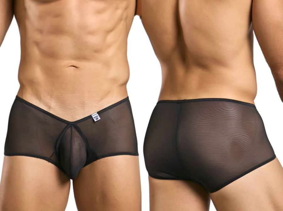 Malebasics mbl83 loop cheeky trunks in black sheer mesh with solid black waistband and trim shown from the back side