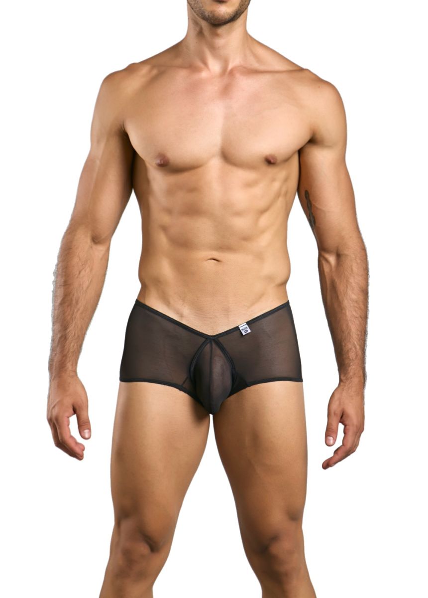 Malebasics mbl83 loop cheeky trunks black sheer mesh briefs with central front panel and white logo on waistband