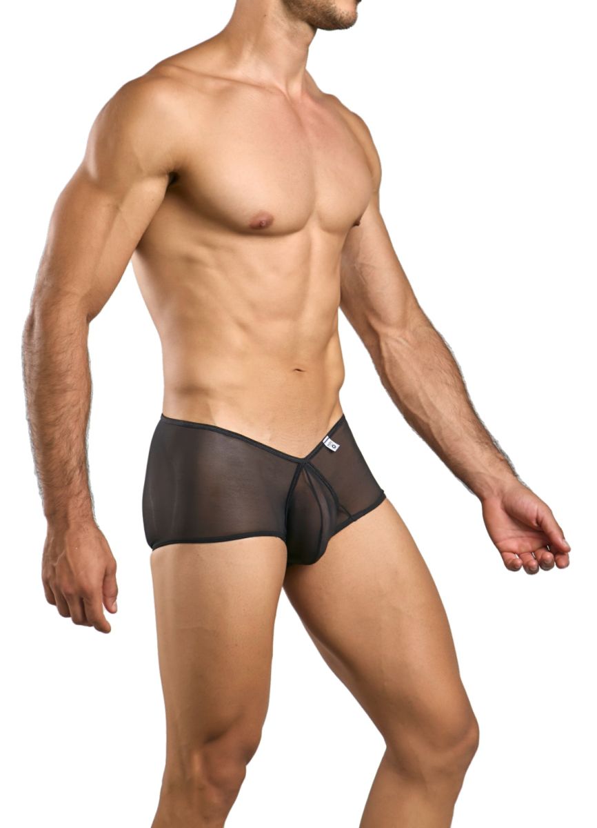 Malebasics mbl83 loop cheeky trunks black sheer mesh briefs with central front opening and white waistband logo
