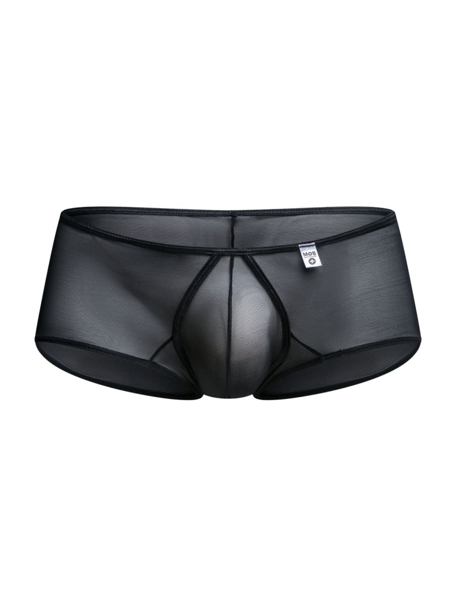 Malebasics mbl83 loop cheeky trunks in black sheer mesh with solid elastic waistband and reinforced seams shown from back