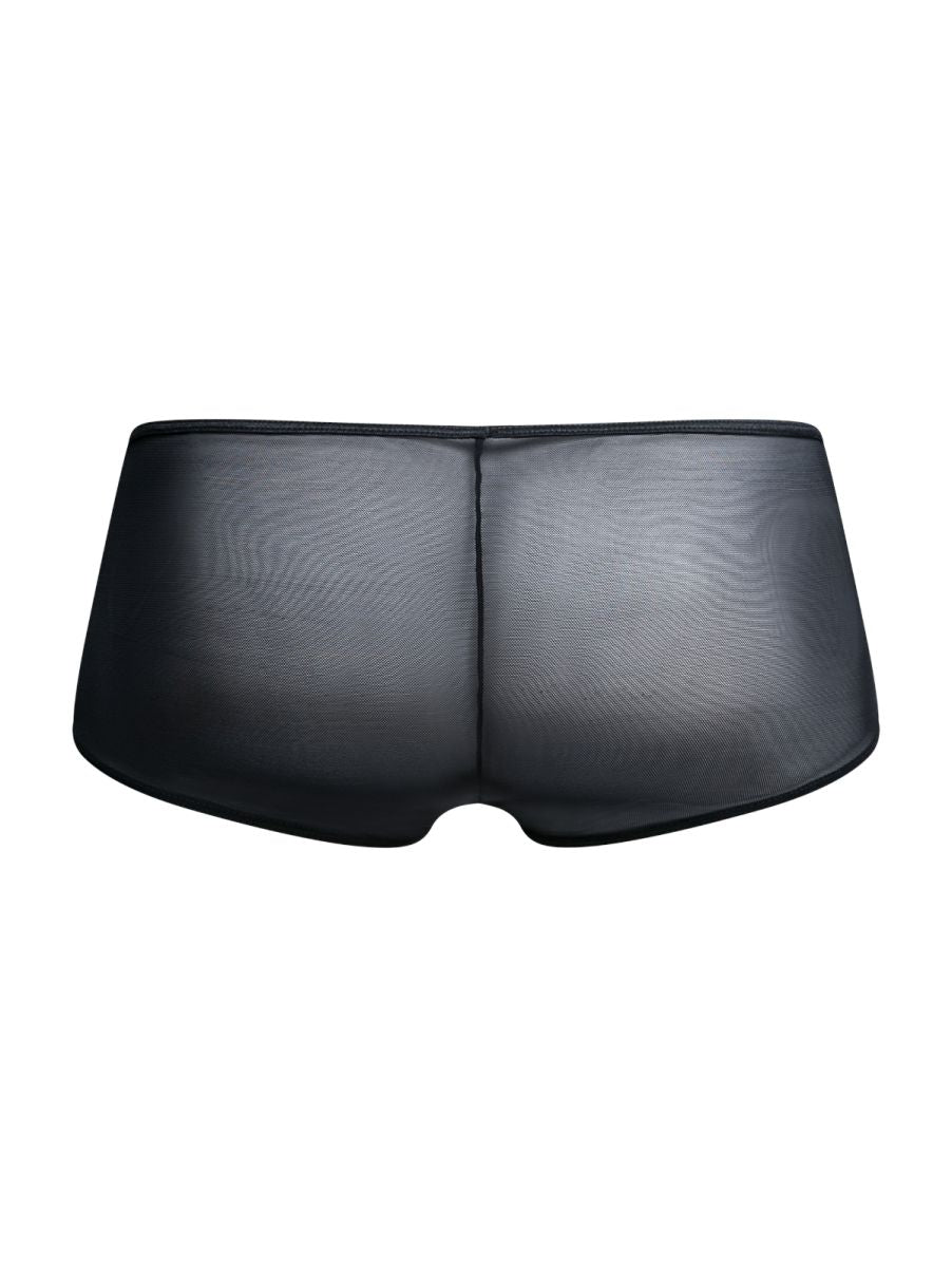Malebasics mbl83 loop cheeky trunks in black mesh featuring sheer briefs with a smooth textured surface and central front seam