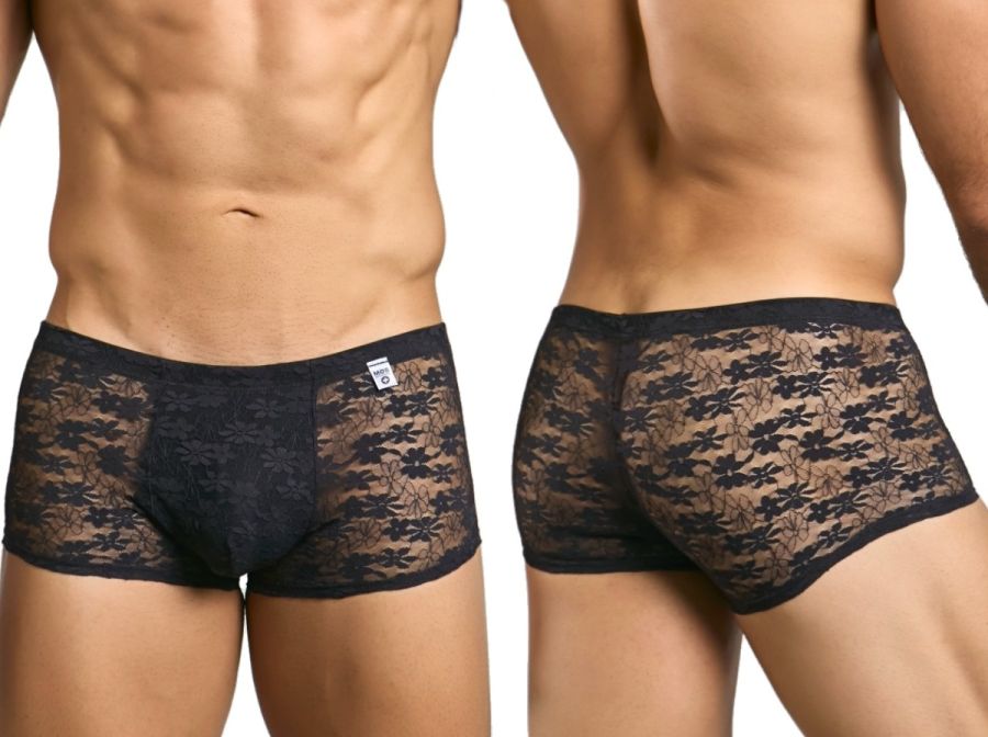 MaleBasics MBL84 classic pouch trunks in black lace featuring floral pattern and solid black waistband boxer briefs