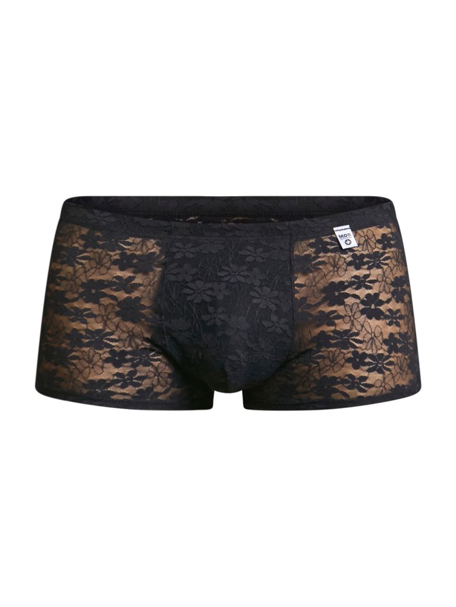 Malebasics mbl84 classic pouch trunks in black lace boxer briefs with floral pattern and branded waistband tag
