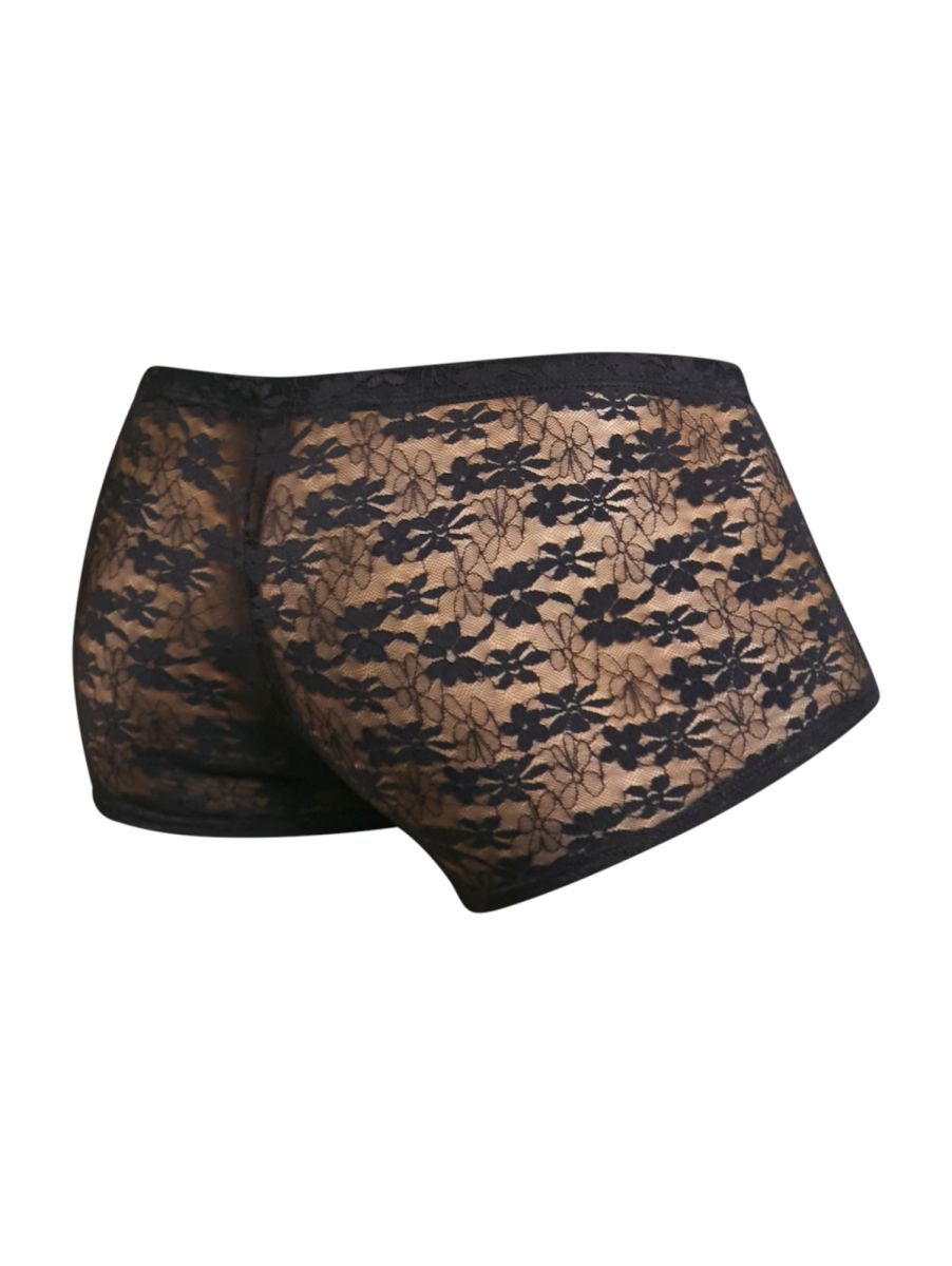 Malebasics mbl84 classic pouch trunks in black lace featuring sheer floral lace fabric and a solid black waistband