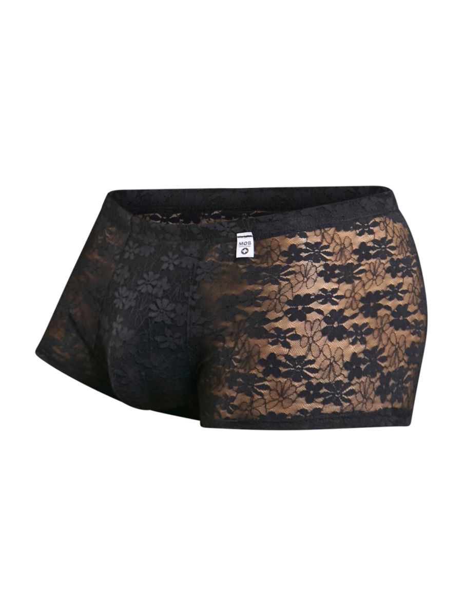 MaleBasics MBL84 classic pouch trunks in black lace boxer briefs with sheer floral pattern and elastic waistband