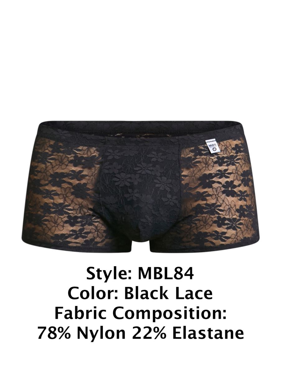 Black lace men’s briefs with floral pattern made of 78 nylon and 22 elastane from malebasics mbl84 classic pouch trunks