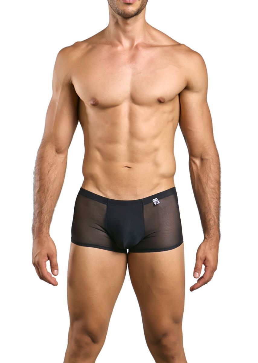 Malebasics mbl84 classic pouch trunks in black mesh sheer briefs with solid waistband and small white logo on front