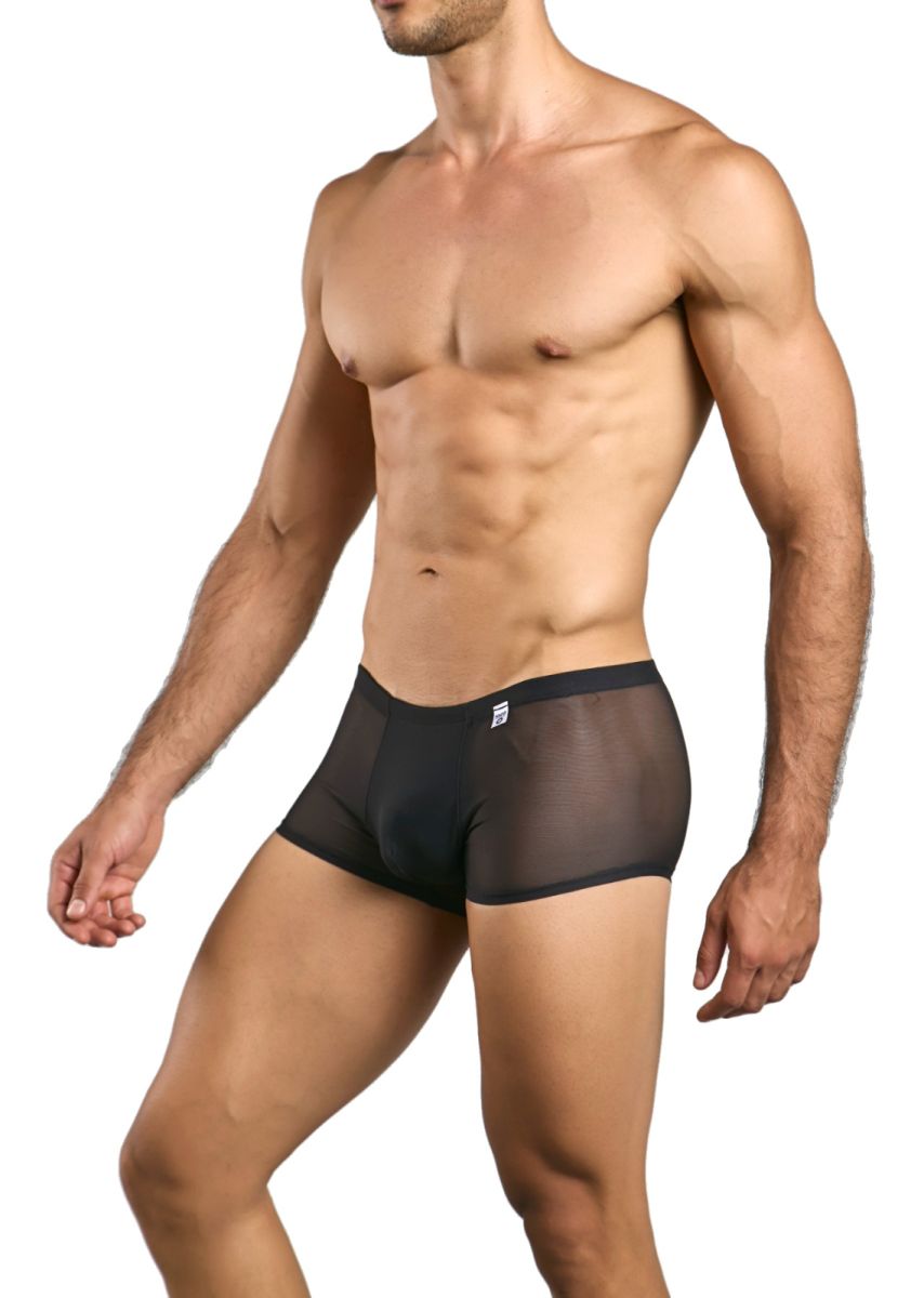Malebasics mbl84 classic pouch trunks in black sheer mesh with solid black waistband front view