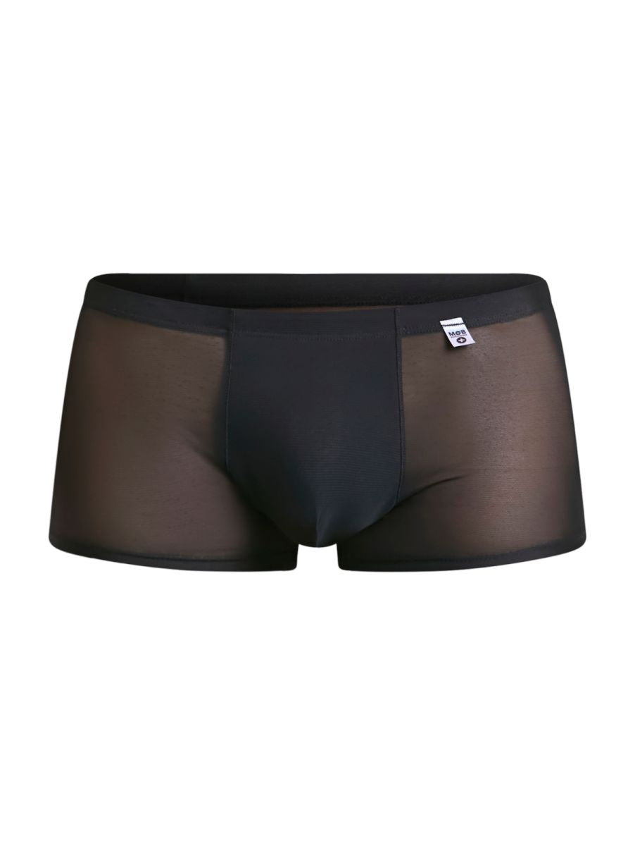 Malebasics mbl84 classic pouch trunks in black sheer mesh with solid waistband and small white brand tag
