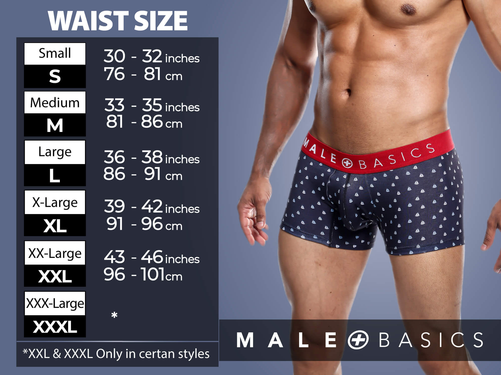 Navy blue male basics mbl84 classic pouch trunks with red elastic waistband and white sailboat pattern in black mesh