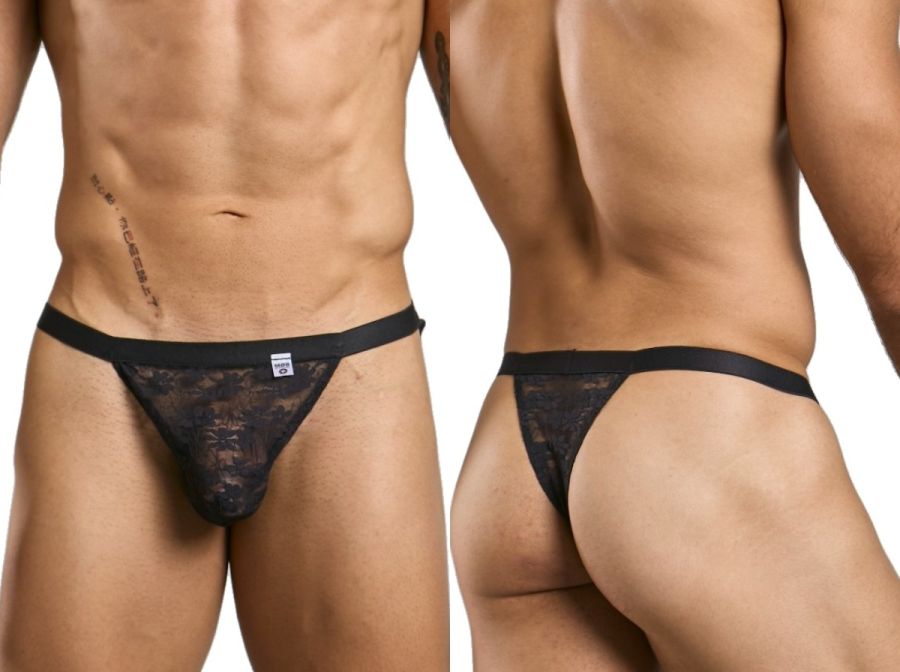 Black lace thong with a solid black waistband showing the back side from malebasics mbl85 y sexy thongs collection