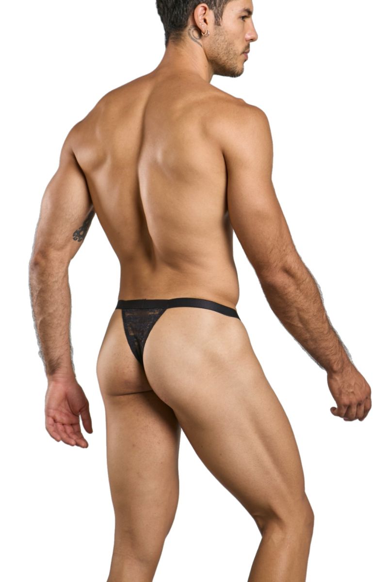 Black lace thong with solid black waistband by malebasics mbl85 y sexy thongs in black lace material