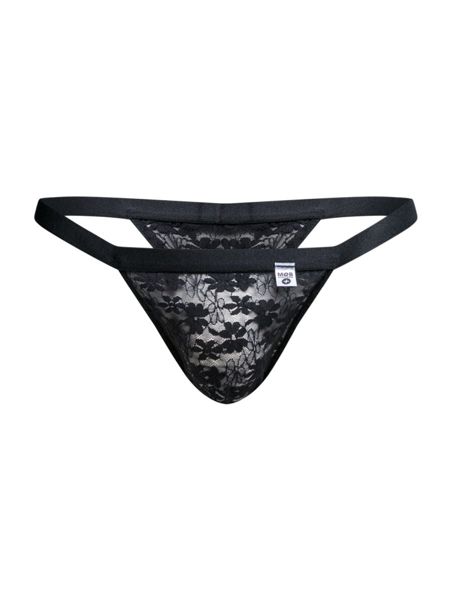 Black lace thong with floral pattern and elastic waistband from malebasics mbl85 y sexy thongs collection