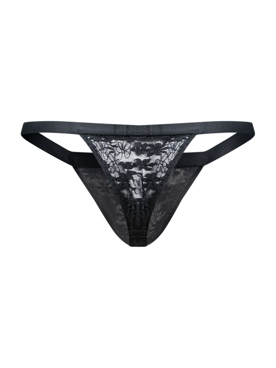 Malebasics mbl85 y sexy thong in black lace with floral pattern and satin-like waistband front view