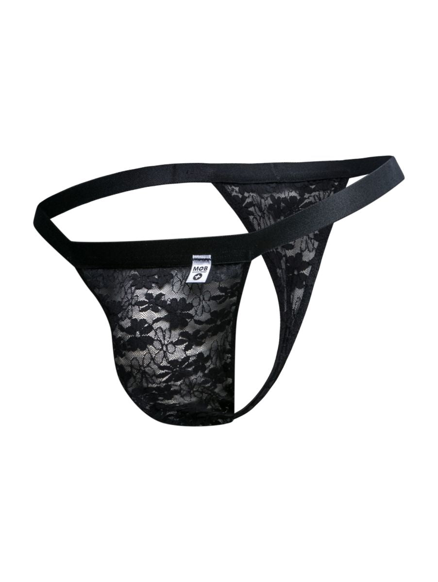 Malebasics mbl85 y sexy thong in black lace with solid black elastic waistband and side straps shown from the back