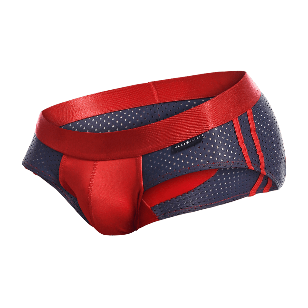 MaleBasics Spot brief red featuring perforated red and navy blue fabric with a satin red waistband and bold side stripes