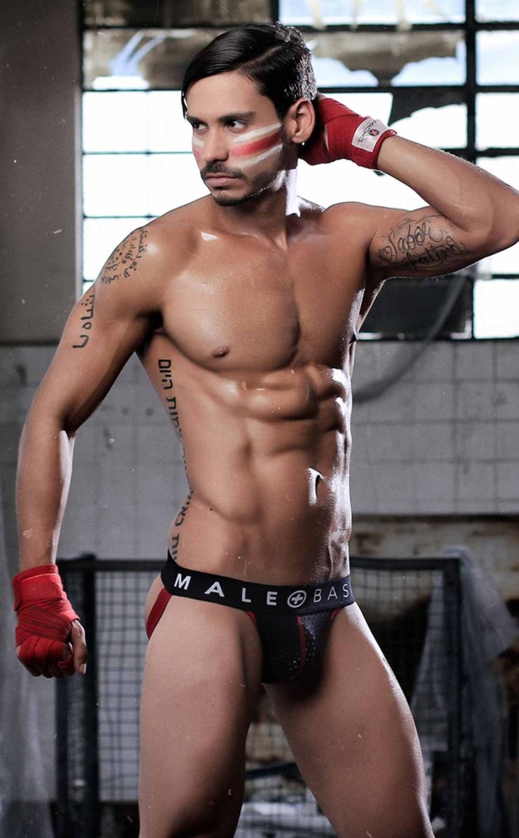 Black athletic briefs with male bas branding in white lettering from malebasics spot jockstrap black collection