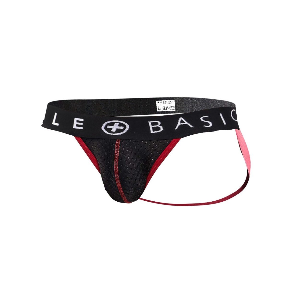 Black and pink mesh athletic brief with branded waistband for men from malebasics spot jockstrap black collection