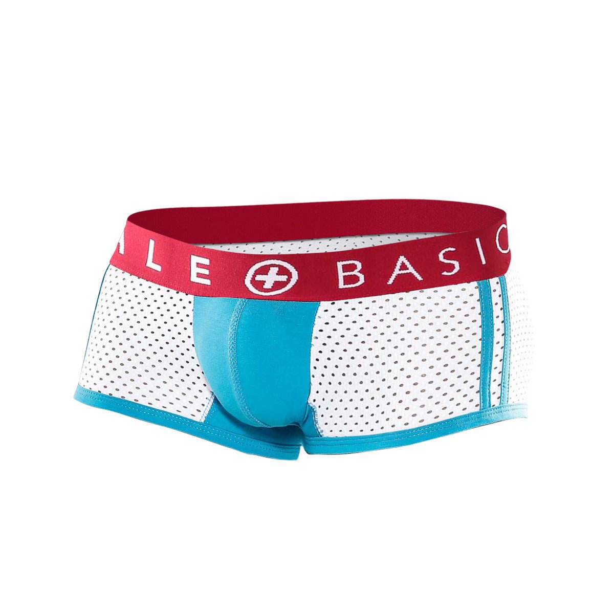 White and turquoise mesh briefs with a red le plus basic logo waistband from malebasics spot new sexier trunk-turquoise collection
