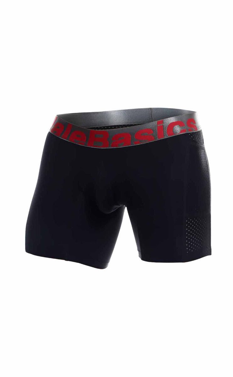 Black men’s boxer briefs with red and gray malebasics waistband designed for comfort and support