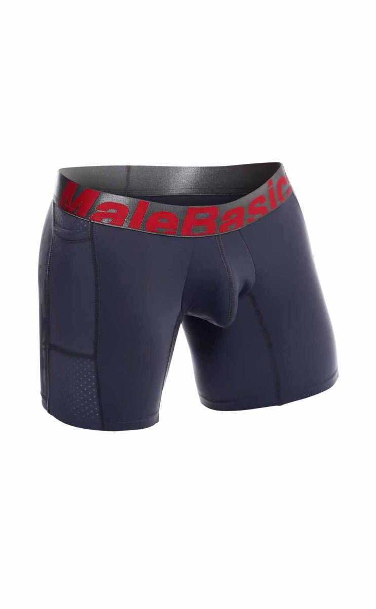 Dark navy blue malebasic titanium pocket boxer brief with red logo band and reinforced panels for durable comfort