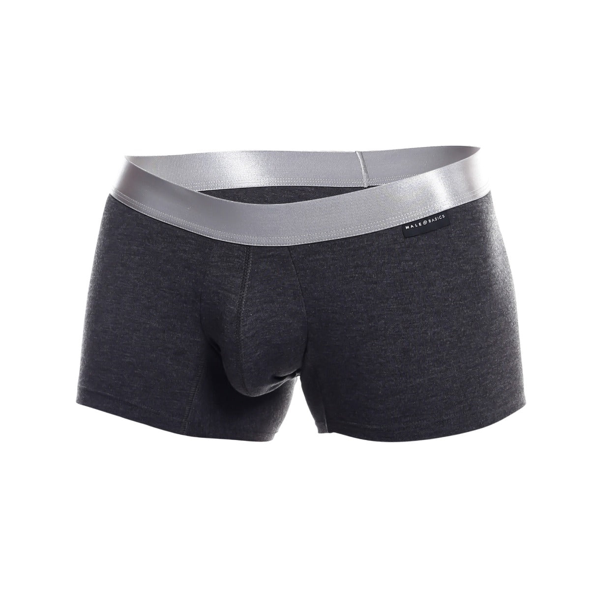Dark gray heathered men’s boxer briefs with a sleek silver waistband made from pima cotton by male and basics