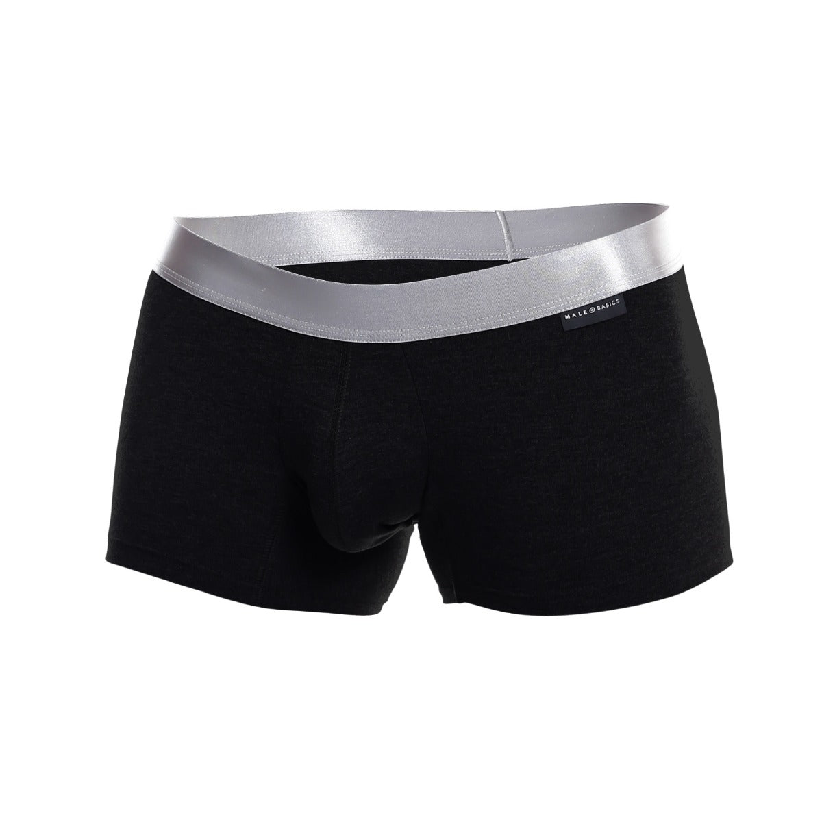 Black men’s pima cotton briefs with shiny silver waistband featuring male basics brand label malebasics trunk pima model