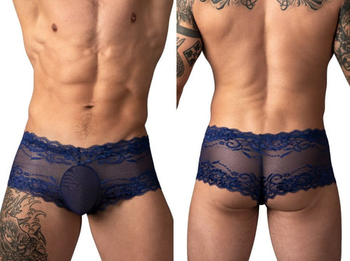 Navy blue sheer lace mini trunks for men featuring a supportive pouch and intricate floral pattern for intimate wear.