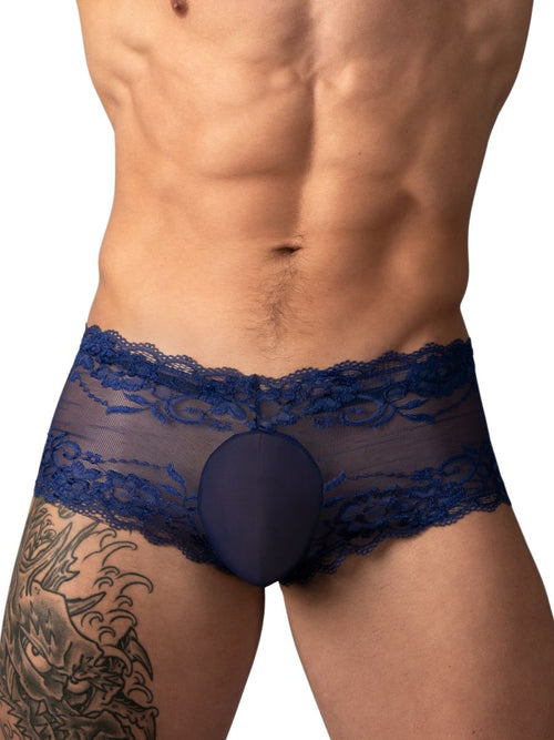 Men’s navy blue sheer lace mini trunks with a solid, opaque pouch for intimate wear.