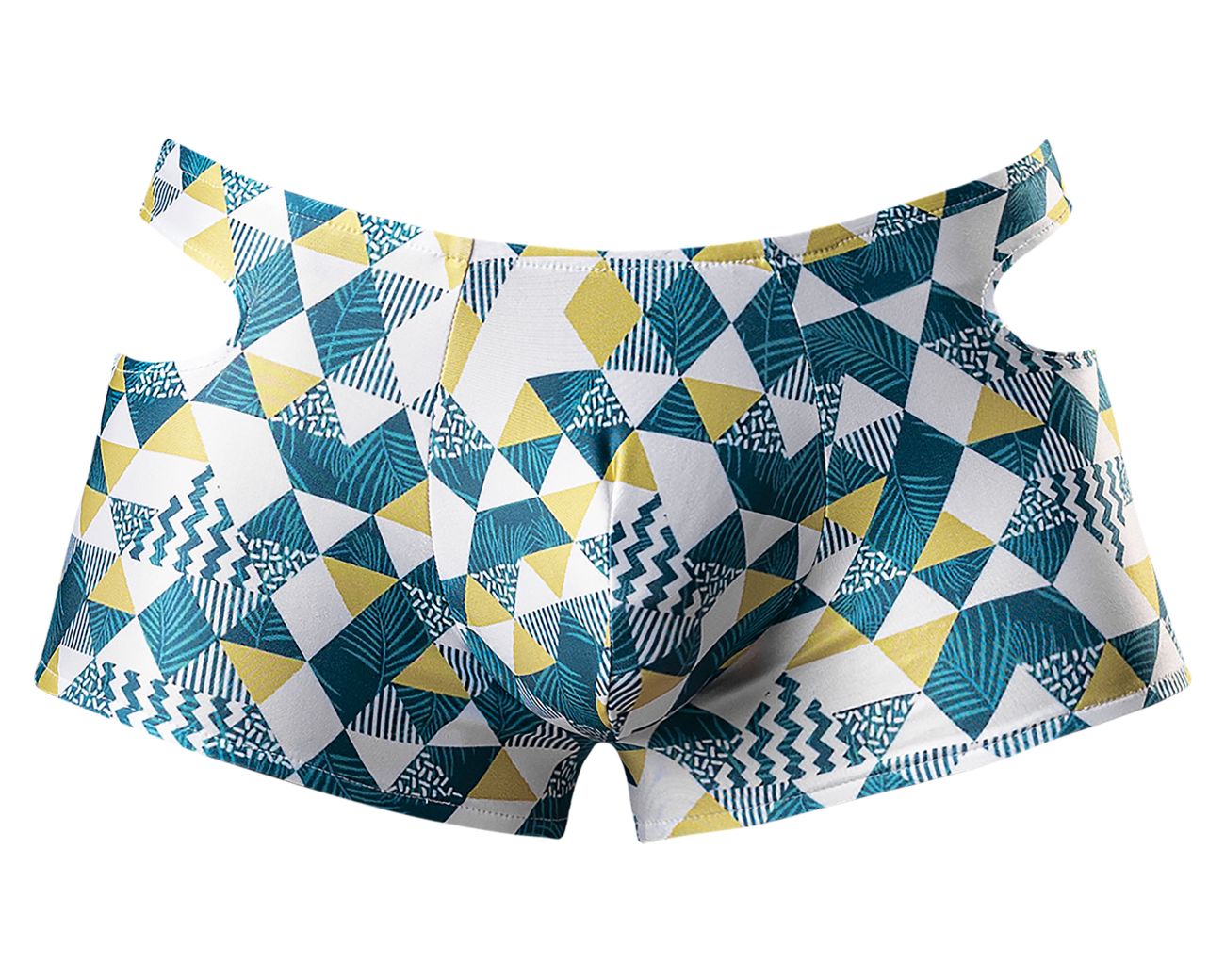 Male Power 141-292 Cut It Out Mini Short con cortes en color azul, verde y blanco