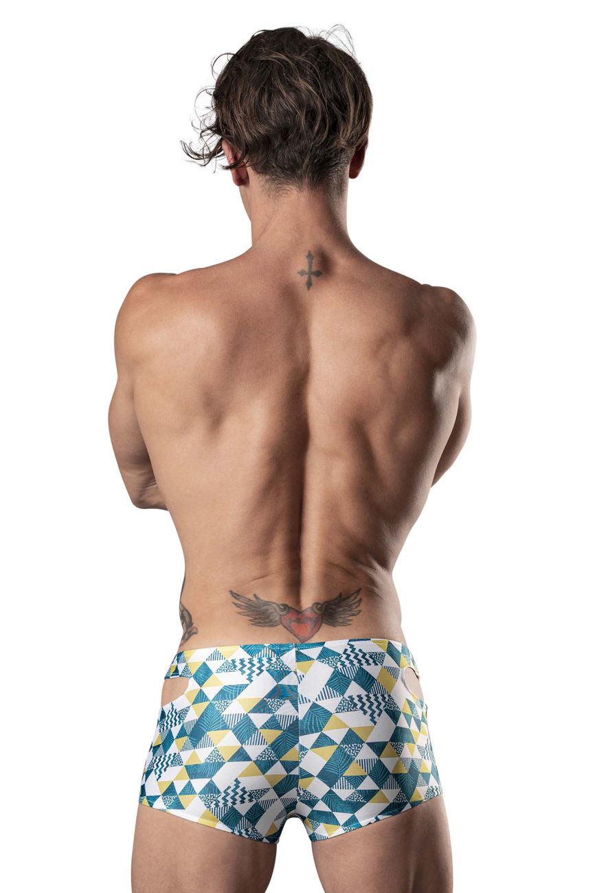 Male Power 141-292 Cut It Out Mini Short con cortes en color azul, verde y blanco