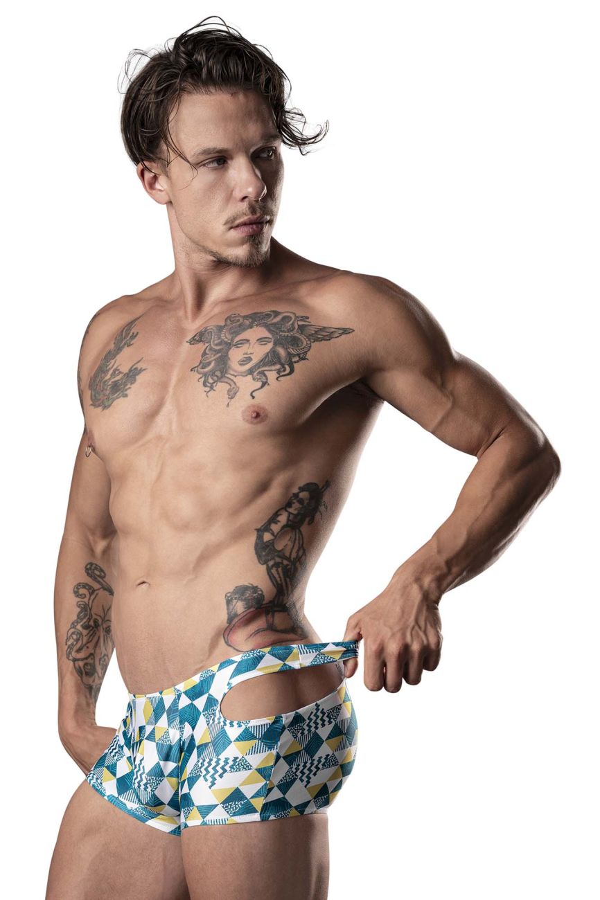 Male Power 141-292 Cut It Out Mini Short con cortes en color azul, verde y blanco