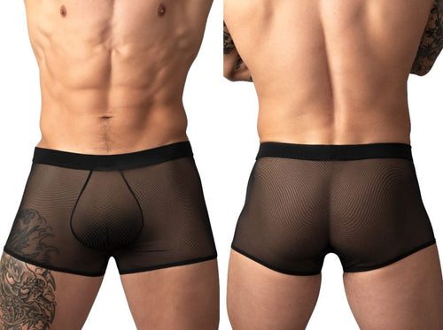 Male Power black mesh mini short trunks for men, featuring a sheer, form-fitting design for intimate wear.