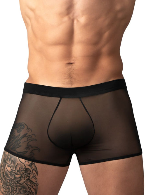 Male Power black sheer mesh mini trunks for men with a fitted, low-rise silhouette and supportive pouch design.