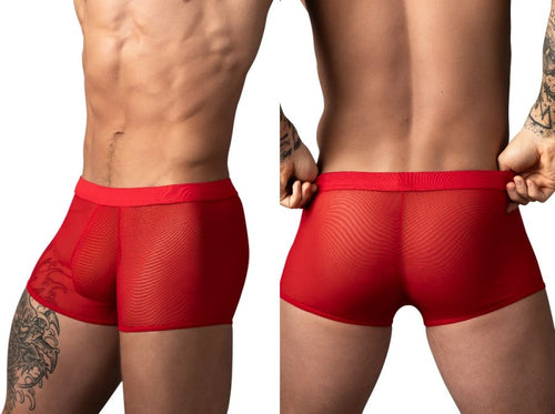 Red Male Power mesh mini trunks, form-fitting design for men's underwear, showing front and back views.