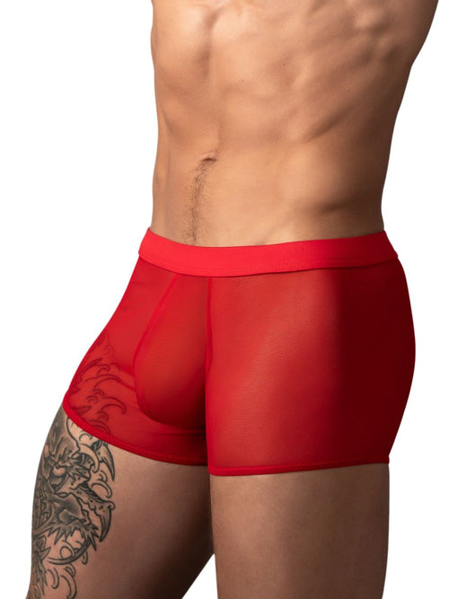Men's red mesh mini trunks with a form-fitting cut, worn as everyday underwear.