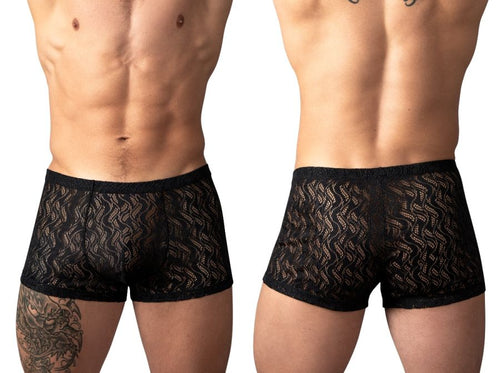 Male Power black lace ripple pouch trunks with a form-fitting, sheer design for intimate wear.