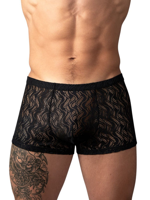 Black male short trunks in semi-sheer, wavy ripple-pattern lace with a supportive pouch.