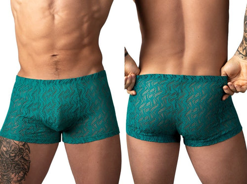 Male Power teal lace ripple pouch short trunks, featuring a sheer textured design for intimate wear.