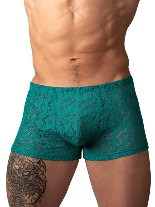 Male Power teal, ripple-pattern lace pouch trunks for men, worn on a fit model.
