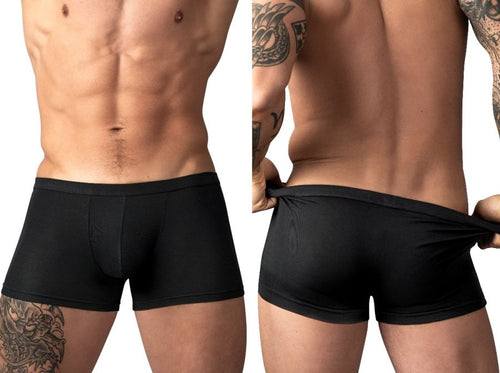 Male Power black short trunks with a contoured pouch, designed for comfortable everyday wear.