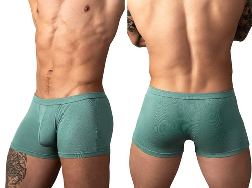 Green Male Power Eco Cozy pouch short trunks for men, showcasing a form-fitting, soft fabric design.